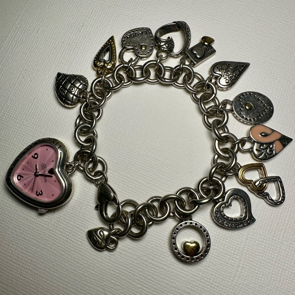Brighton Collectibles: Silver Heart Charm Bracelet with Pink Watch